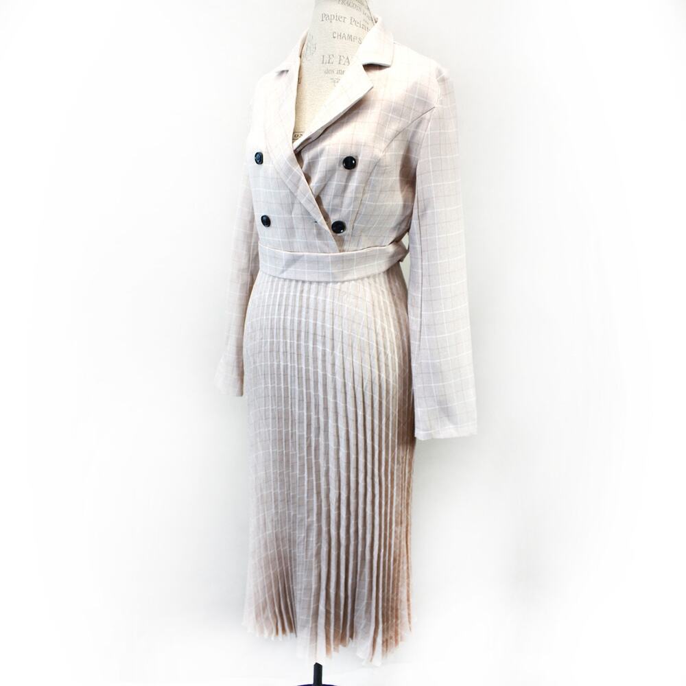 Simplee Shirt Dress Collared Tie Waist Button Pleated Hem Plaid Old Money Medium